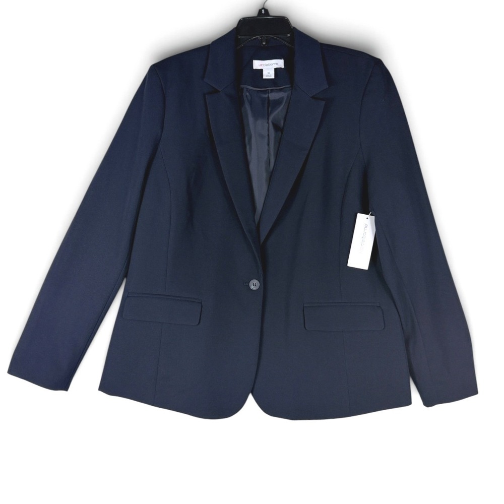 Liz Claiborne Blazer One Button Career Womens 16 Navy Blue Stretch NWT